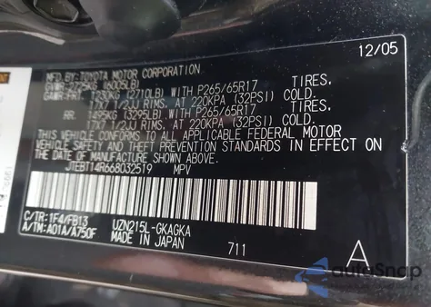 2006 Toyota 4Runner Sr5 Sport V8 из США, поврежденный, VIN JTEBT14R668032519